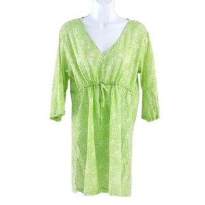 2/$15 Sealife Swim Coverup Dress Green Medium Beach Seashell Drawstring V Neck